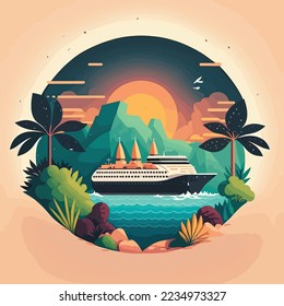 Cruise ship tropical island vacationing background. Luxury voyage cruises on a passenger ship vessel to amazing destinations. Marine relaxation holiday vacation, travel and adventure transport