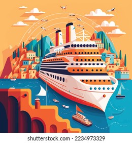 Cruise ship tropical island vacationing background. Luxury voyage cruises on a passenger ship vessel to amazing destinations. Marine relaxation holiday vacation, travel and adventure transport