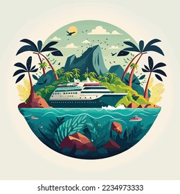 Cruise ship tropical island vacationing background. Luxury voyage cruises on a passenger ship vessel to amazing destinations. Marine relaxation holiday vacation, travel and adventure transport