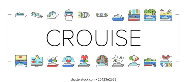 Conjunto de iconos de disfrute de vacaciones de crucero Vector. Casino De Crucero Y Música Temática, Transporte Marítimo Para Viaje Por Río Y En El Océano, Tropical Y Caribe Línea De Viaje Marítimo. Ilustraciones de color