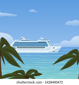 Cruise ship vacation, sea travel. Water transport in tropics and blue sea. Vector illustration for travellers, tour agencies and posters about tourism, shipping liner journey and exotic trips.