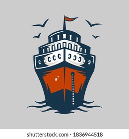Cruise ship vacation, sea travel transport. Vector marine nautical illustration for logo design