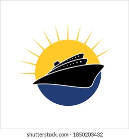 Cruise ship vector design in the middle of the sea illustration accompanied by a beautiful sun shining creative logo