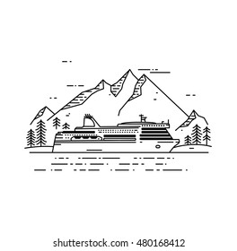 Cruise ship vector flat line illustration. Ferry boat with mountain landscape.  Travel concept. 