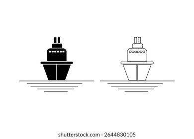 Ícone do vetor de cruzeiro. Ícone de visão frontal da remessa isolado no fundo branco. Ícone do vetor de barco de passageiros. Ícone do navio de carga. Símbolo do navio de pesca.