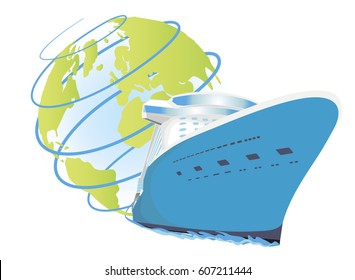  Cruise ship vector icon. Round-world voyage. Logo for travel agency. Traveling all around the world concept.