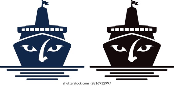 Cruise Ship Vector Icon Set with Stylized Face Bow and Waves