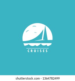 cruise ship vector logo, with an elegant cruise ship in the sun and bird birds. abstract, modern, minimalist, unique