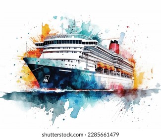 Cruise ship, watercolor sketch illustration.
