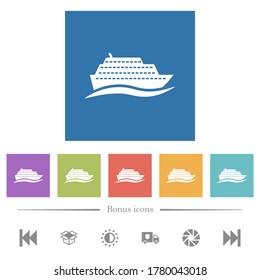Cruise ship with wave flat white icons in square backgrounds. 6 bonus icons included.