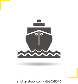 Cruise ship with waves icon. Drop shadow transportation vessel silhouette symbol. Shipping tanker. Coast guard ship. Negative space. Vector isolated illustration