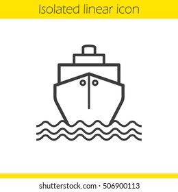 Cruise ship with waves linear icon. Shipping tanker. Thin line illustration. Contour symbol. Vector isolated outline drawing