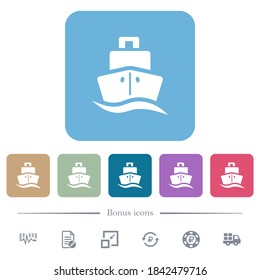 Cruise ship white flat icons on color rounded square backgrounds. 6 bonus icons included