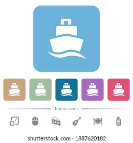 Cruise ship white flat icons on color rounded square backgrounds. 6 bonus icons included