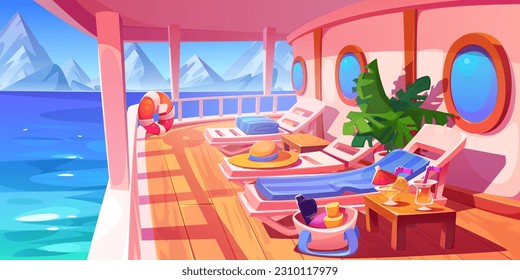 Cruise ship or yacht deck with railing, wooden floor, lounge chairs and lifebuoy. Boat deck with view to ocean harbor landscape with mountains on horizon, vector cartoon illustration