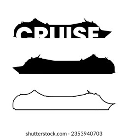 Cruise ship or yacht silhouette in three mode flat icon set, text in a shape, black silhouette, and outline. Vector illustration in trendy style. Editable graphic resources for many purposes.