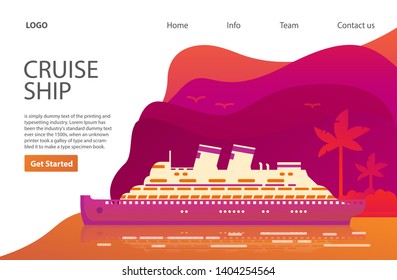 Cruise ship.Landing page template.Web page.Passenger ocean liner.Website template.Island with palm trees.
Sea sunset.Flat vector.Banner summer tourism  concept.