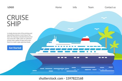  Cruise ship.Landing page template.Web page.Website template.Island with palm trees.Summer travel vacation.Flat vector.