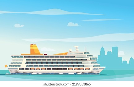 Cruise ships background with port and voyage symbols flat vector ilustration