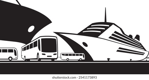 Cruceros y autobuses en el puerto – Ilustración vectorial