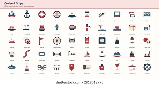 Cruise and ships flat icon collection featuring cruise liner, anchor, lifebuoy, porthole, lighthouse, deck pool, sailboat, yacht, ferry, submarine, ship wheel and onboard entertainment on a light background.