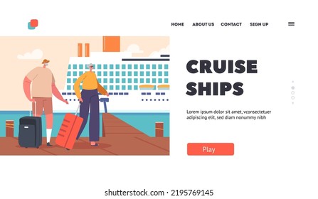 Cruise Ships Landing Page Template. Senior People Waiting Boarding on Cruise Liner Deck, Old Characters Summertime Relax In Ocean. Vacation Journey On Passenger Vessel. Cartoon Vector Illustration