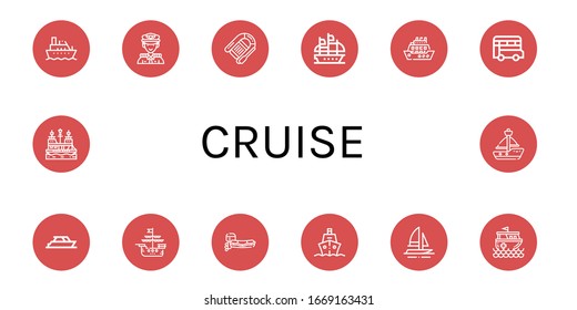 cruise simple icons set. Contains such icons as Boat, Captain, Lifeboat, Galleon, Cruise, Bus, Yacht, Ship, Motorboat, Rescue boat, Pirate ship, can be used for web, mobile and logo