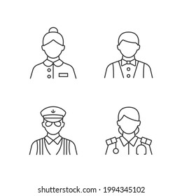 Cruise staff linear icons set. Providing interesting voyage on big ship. Ocean tourism. Customizable thin line contour symbols. Isolated vector outline illustrations. Editable stroke