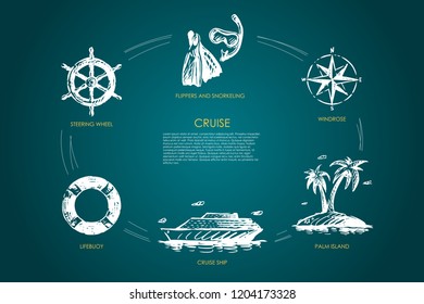 Cruise - steering wheel, lifebuoy, cruise ship, palm island, windrose, flippers and snorkeling vector concept set. Hand drawn sketch isolated illustration