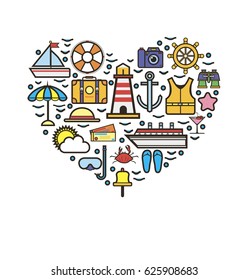 Cruise template with marine holiday elements in heart shape