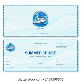 Cruise ticket template (side 1, side 2) in a modern style of blue colors. For cruise, yachting and travel companies, for other projects. Vector, can be used for printing. Just add your text.