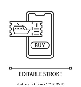 Cruise tickets buying linear icon. Thin line illustration. Online cruise deal, discounts. Shore excursions booking with smartphone. Contour symbol. Vector isolated outline drawing. Editable stroke