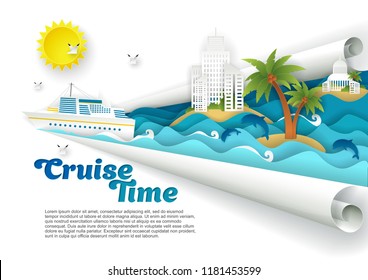 Cruise time poster banner template. Vector paper cut cruise liner floating on ocean waves, dolphins, seagulls, islands with tourist resort buildings palm trees and copy space.