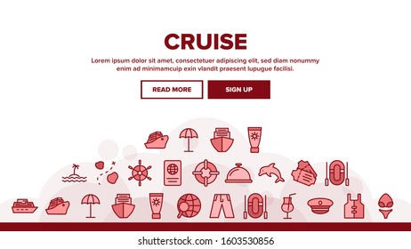 Cruise Travel Landing Web Page Header Banner Template Vector. Cruise Ship And Steering Wheel, Island And Map, Tickets And Cocktail Glass Illustration