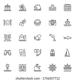 Cruise travel line icons set. Marine linear style symbols collection, outline signs pack. vector graphics. Set includes icons as cruise ship, ocean waves, porthole, sailboat, dolphin, pina colada