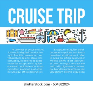 Cruise trip banner with travelling symbols isolated with nautical elements set. Vector colorful collection of necessary things for voyage and means of transportation by sea. Marine web template
