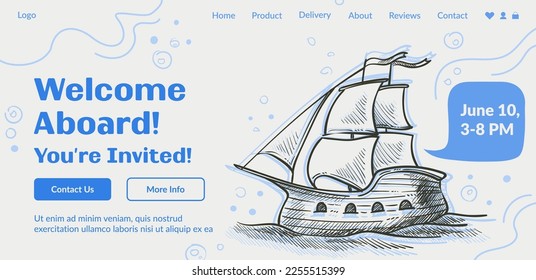 Cruise or trip on ship, welcome aboard, you are invited. Invitation to party or voyage, date and contact information. Website landing page template, online site. Vector in flat style illustration