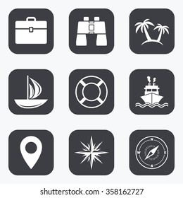 Cruise trip, ship and yacht icons. Travel, cocktails and palm trees signs. Sunglasses, windrose and swimming symbols. Flat square buttons with rounded corners.