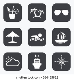 Cruise trip, ship and yacht icons. Travel, cocktails and palm trees signs. Sunglasses, windrose and swimming symbols. Flat square buttons with rounded corners.