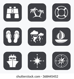 Cruise trip, ship and yacht icons. Travel, lifebuoy and palm trees signs. Binoculars, windrose and storm symbols. Flat square buttons with rounded corners.