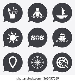 Cruise trip, ship and yacht icons. Travel, cocktail and sun signs. Sos, windrose compass and swimming symbols. Flat icons in speech bubble pointers.