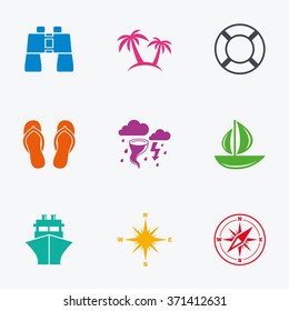 Cruise trip, ship and yacht icons. Travel, lifebuoy and palm trees signs. Binoculars, windrose and storm symbols. Flat colored graphic icons.