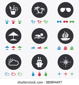 Cruise trip, ship and yacht icons. Travel, cocktails and palm trees signs. Sunglasses, windrose and swimming symbols. Flat circle buttons with icons.
