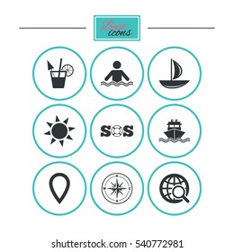 Cruise trip, ship and yacht icons. Travel, cocktail and sun signs. Sos, windrose compass and swimming symbols. Round flat buttons with icons. Vector