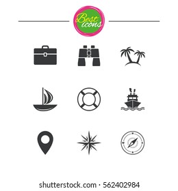 Cruise trip, ship and yacht icons. Travel, cocktails and palm trees signs. Sunglasses, windrose and swimming symbols. Classic simple flat icons. Vector