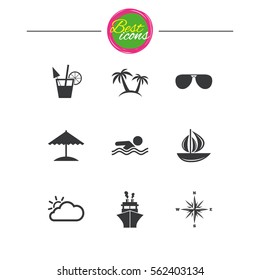 Cruise trip, ship and yacht icons. Travel, cocktails and palm trees signs. Sunglasses, windrose and swimming symbols. Classic simple flat icons. Vector