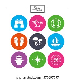 Cruise trip, ship and yacht icons. Travel, lifebuoy and palm trees signs. Binoculars, windrose and storm symbols. Classic simple flat icons. Vector