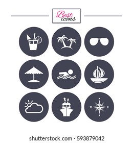 Cruise trip, ship and yacht icons. Travel, cocktails and palm trees signs. Sunglasses, windrose and swimming symbols. Classic simple flat icons. Vector