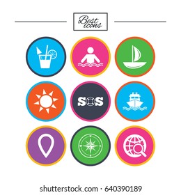 Cruise trip, ship and yacht icons. Travel, cocktail and sun signs. Sos, windrose compass and swimming symbols. Classic simple flat icons. Vector