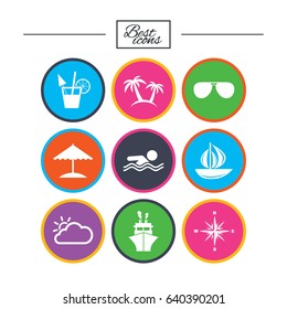 Cruise trip, ship and yacht icons. Travel, cocktails and palm trees signs. Sunglasses, windrose and swimming symbols. Classic simple flat icons. Vector